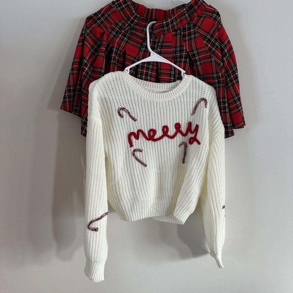 Girls Christmas Outfit Merry Knit Word Sweater Red Plaid Skirt 12 SHEIN